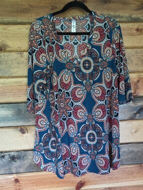 Printed V-Neck Women's Blouse in Teal and Burgundy